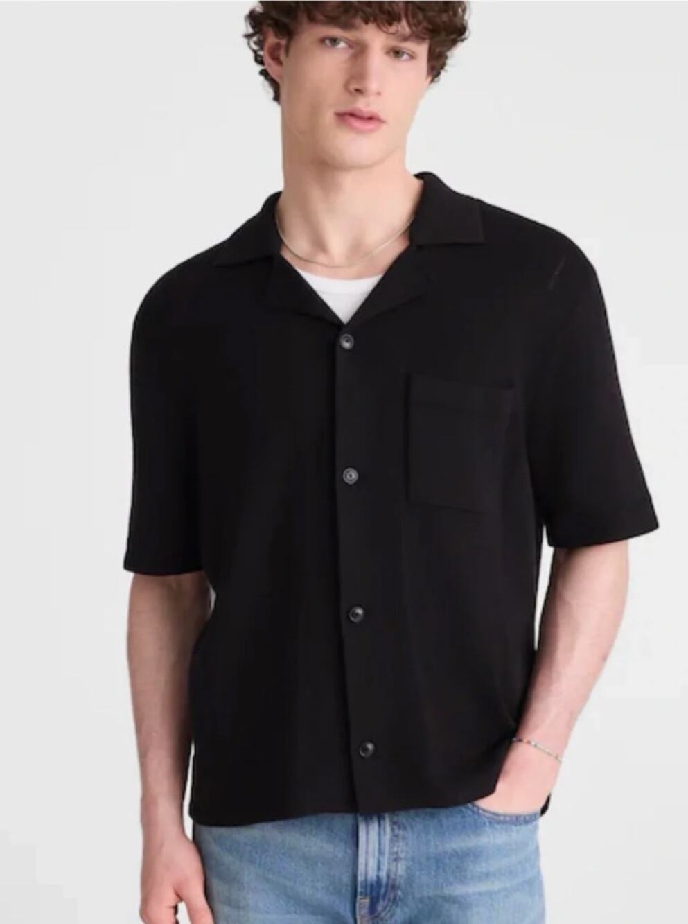 Madewell Mens Knit Short Sleeve Boxy Shirt M NWT Black Polo OA065 Johnny Collar